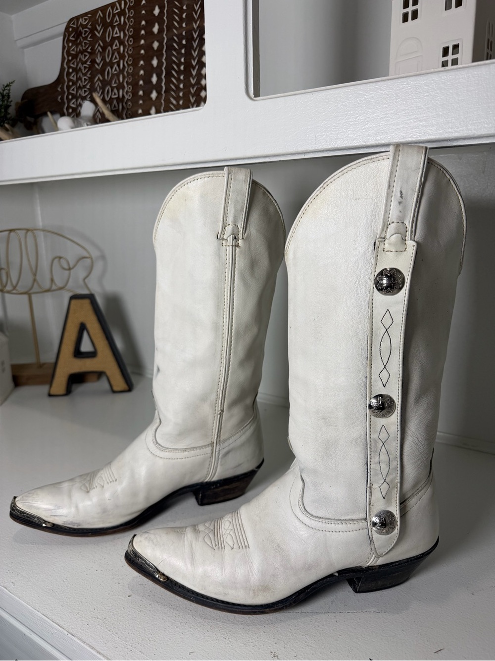 Vintage Code West Womens 8.5 White Leather Concho Cowboy Boots Western